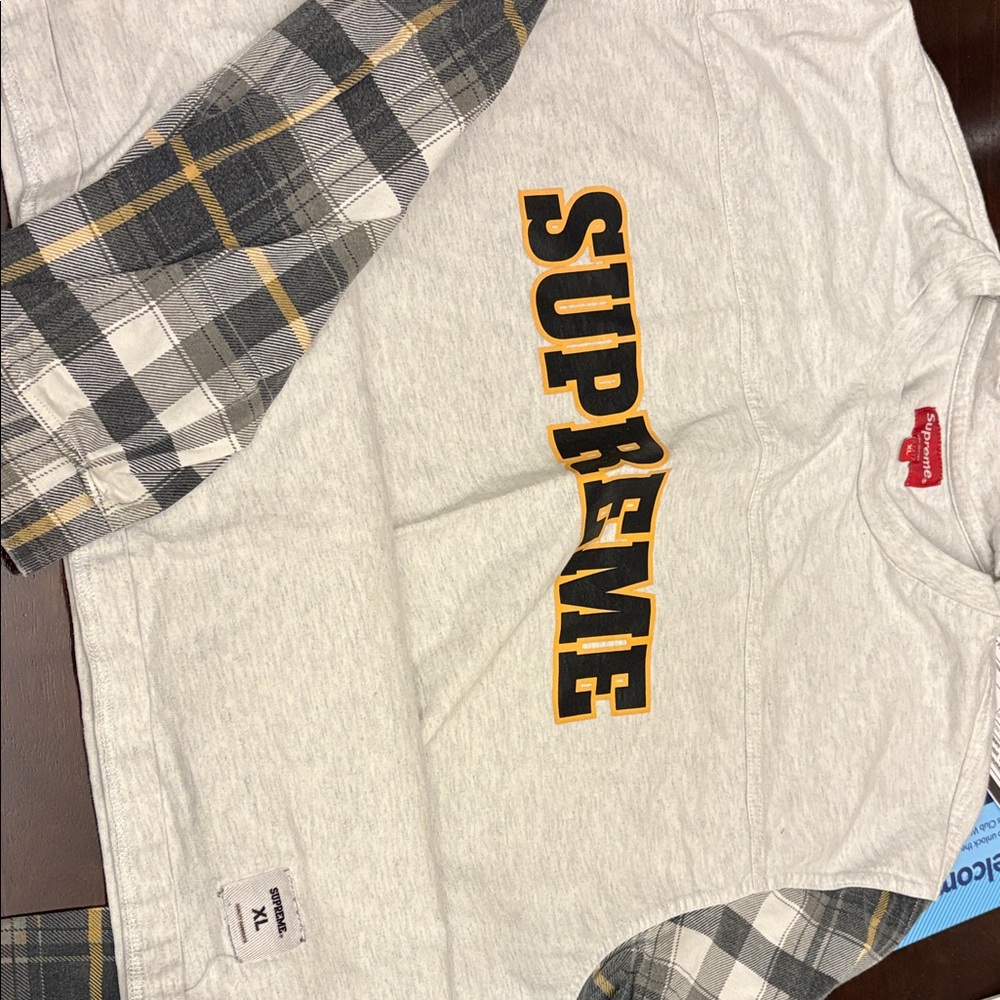 Supreme Heather Grey Crewneck with Black and Yellow Plaid Sleeves